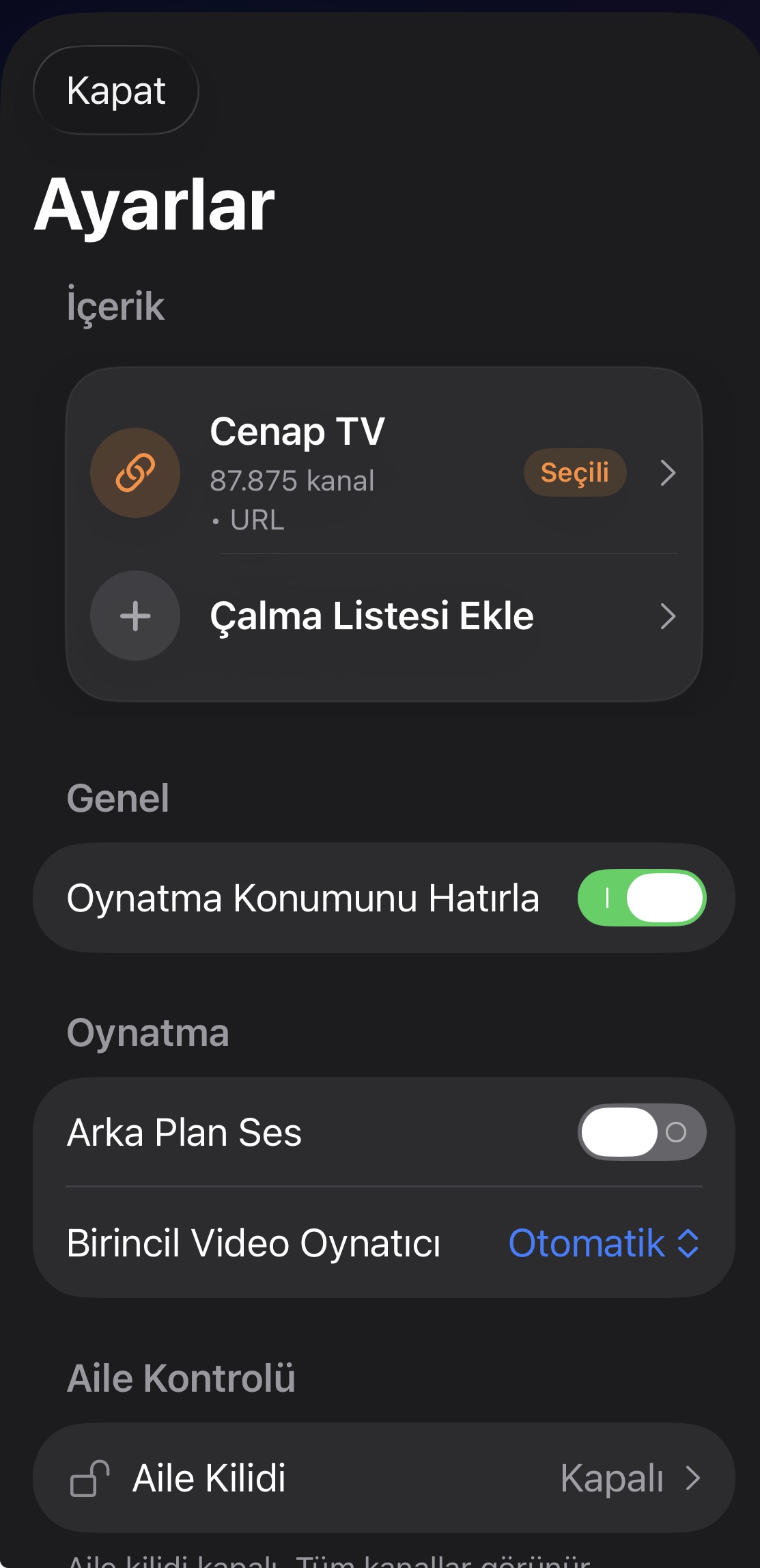 StreamPlayer ayarlar ekranı