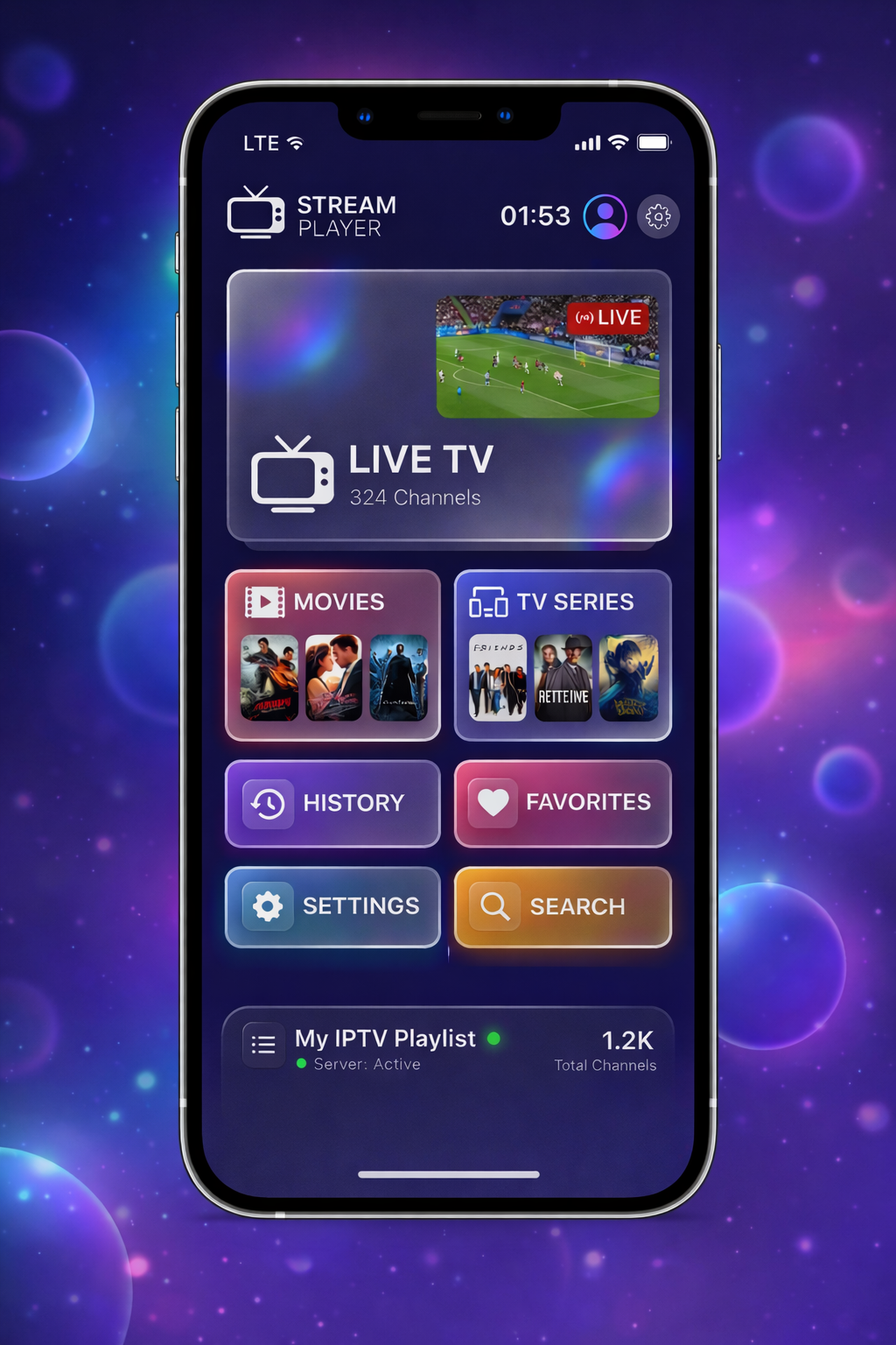 StreamPlayer ana ekranı gösteren iPhone görünümü